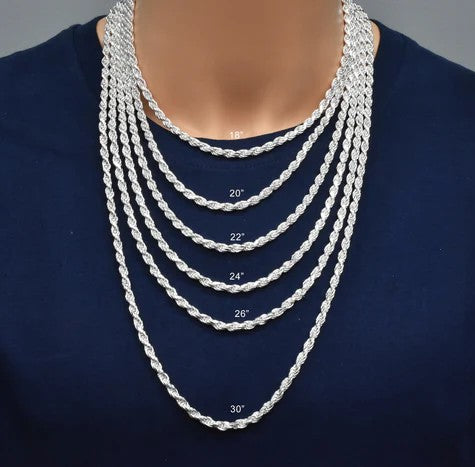 Solid 925 Sterling Silver Diamond Cut Rope Chain, High Polish Twisted Braid Necklace for Men & Women, Premium Silver Rope Chain Necklace