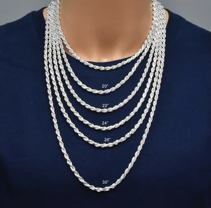 Solid 925 Sterling Silver Diamond Cut Rope Chain, High Polish Twisted Braid Necklace for Men & Women, Premium Silver Rope Chain Necklace