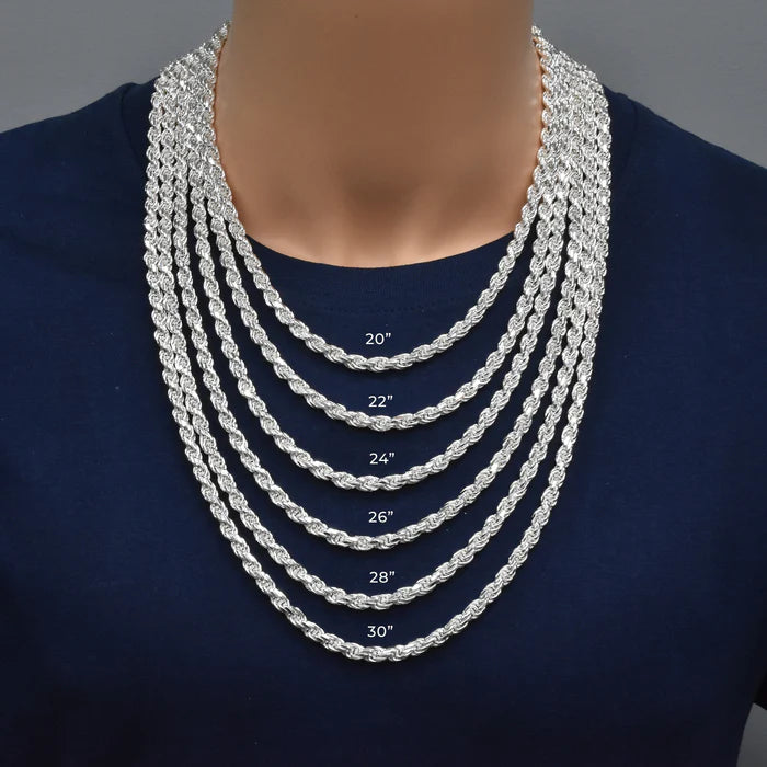 Solid 925 Sterling Silver Diamond Cut Rope Chain, High Polish Twisted Braid Necklace for Men & Women, Premium Silver Rope Chain Necklace