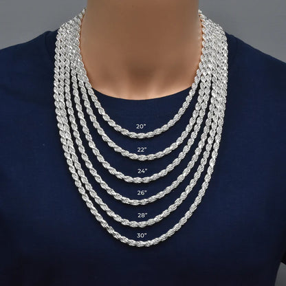 Solid 925 Sterling Silver Diamond Cut Rope Chain, High Polish Twisted Braid Necklace for Men & Women, Premium Silver Rope Chain Necklace