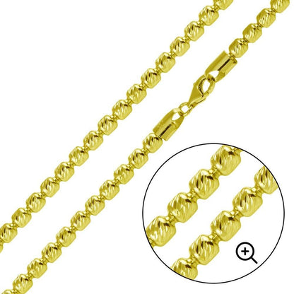 Solid 925 Sterling Silver 5mm Barrel Moon Cut Chain, 14K Gold Plated Diamond Cut Bead Necklace, Heavy Sparkly Ball Chain for Men & Women