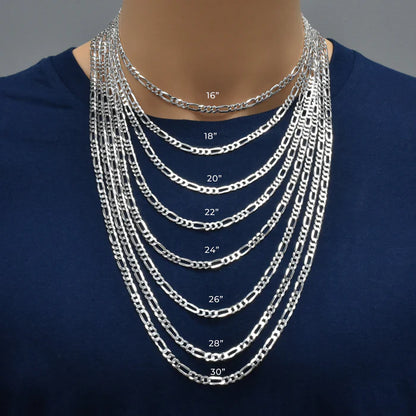 Solid 925 Sterling Silver Figaro Chain Necklace, Flat Curb Figaro, Classic 3+1 Link Necklace for Men & Women, Link Chain for Large Pendants