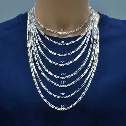 Solid 925 Sterling Silver Cuban Link Chain for all pendants, High Polish Flat Curb Necklace for Men & Women Thick Silver Curb Chain Necklace