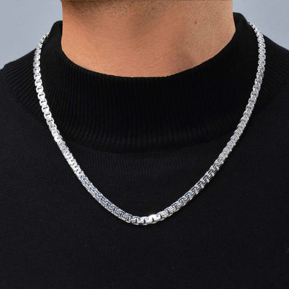 Solid 925 Sterling Silver Greek Box Chain, Greca Geometric Flat Link Necklace for Men & Women, High Polish Italian Square Key Chain
