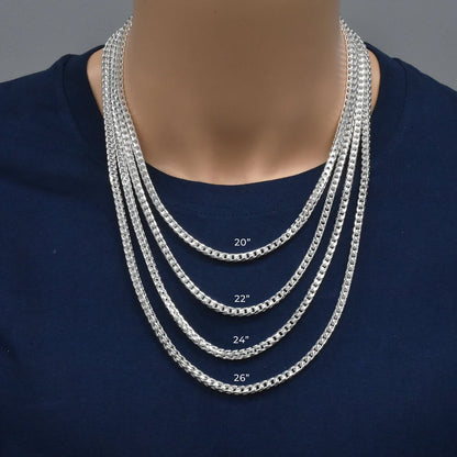 Solid 925 Sterling Silver Square Franco Chain, Men's and Women's Foxtail Link Necklace, Heavy Pendant Chain, Custom Length Jewelry
