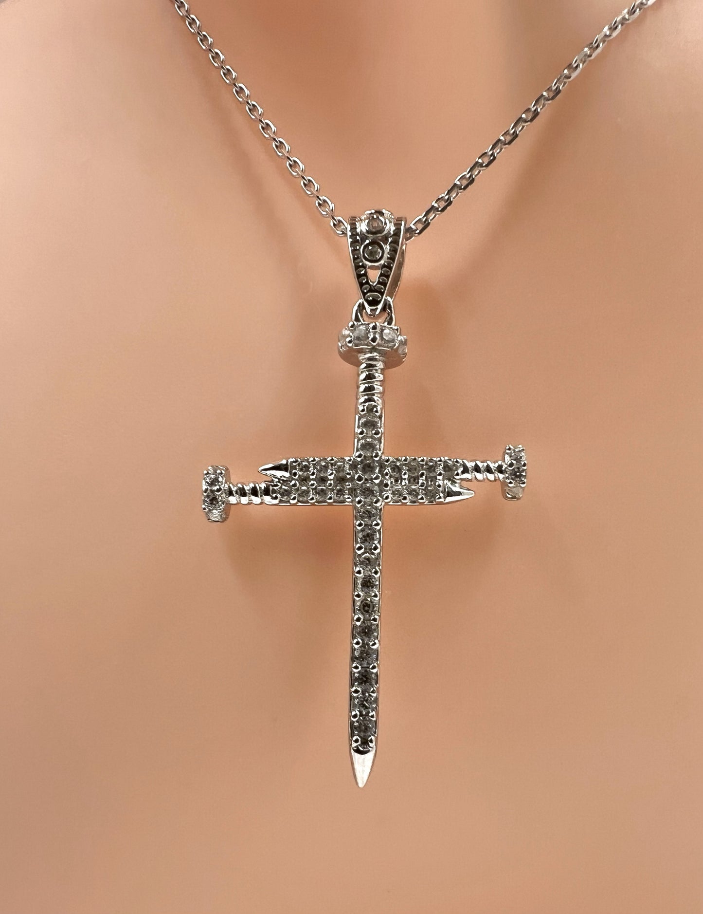 925 Sterling Silver Rhodium Plated Cubic Zirconia Nail Cross with Plain Back - Double Sided