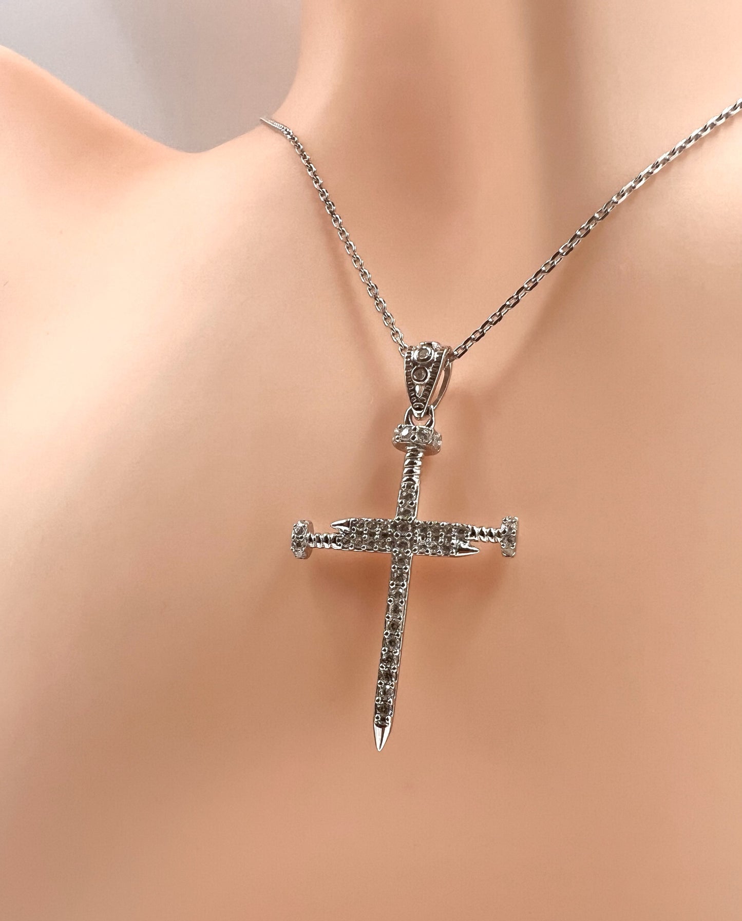 925 Sterling Silver Rhodium Plated Cubic Zirconia Nail Cross with Plain Back - Double Sided