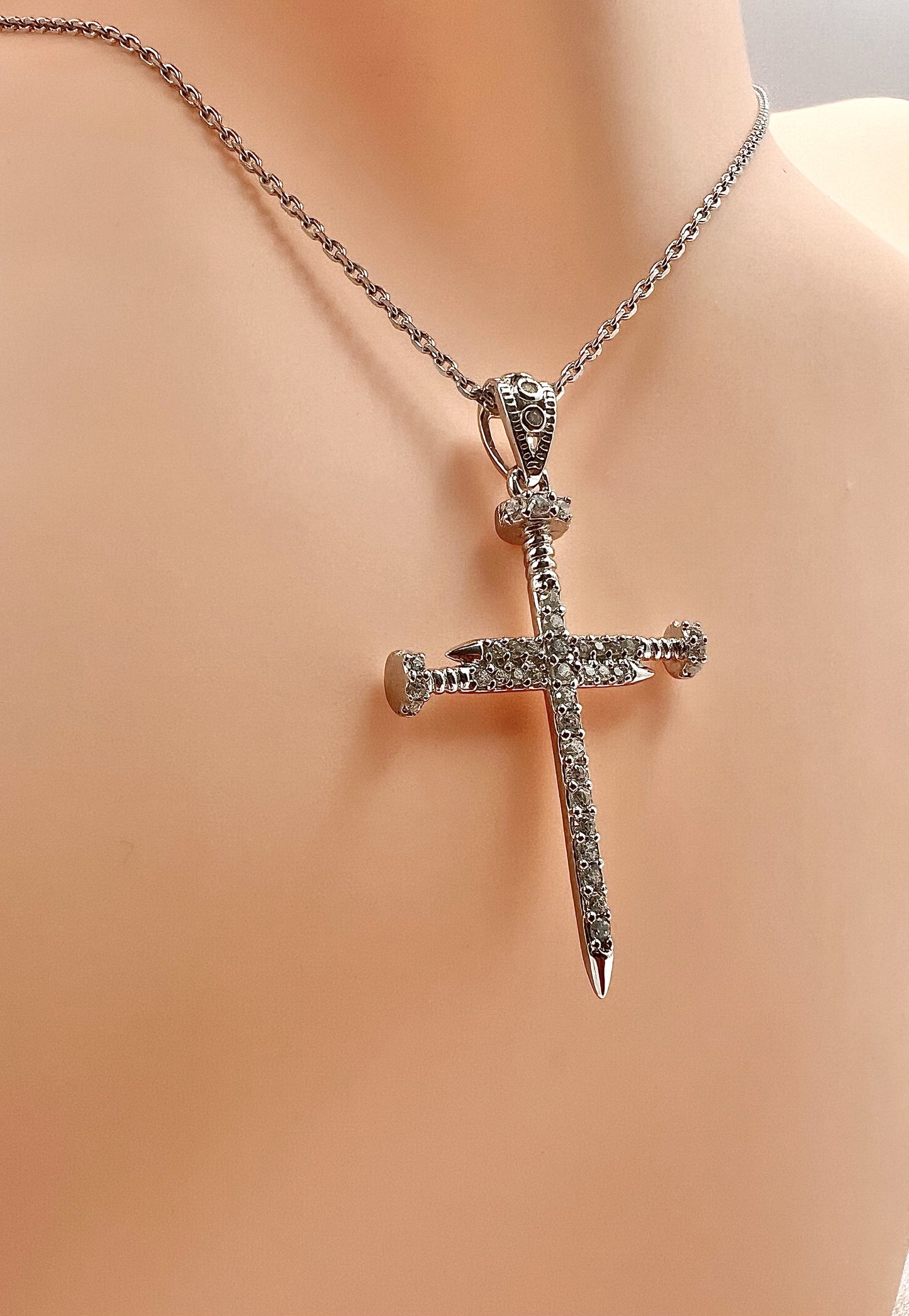 925 Sterling Silver Rhodium Plated Cubic Zirconia Nail Cross with Plain Back - Double Sided