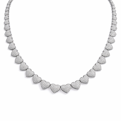 925 Sterling Silver CZ Heart Necklace, Rhodium Plated Studded Love Sparkling Cubic Zirconia Choker, Iced Out Silver Heart Pendant Necklace