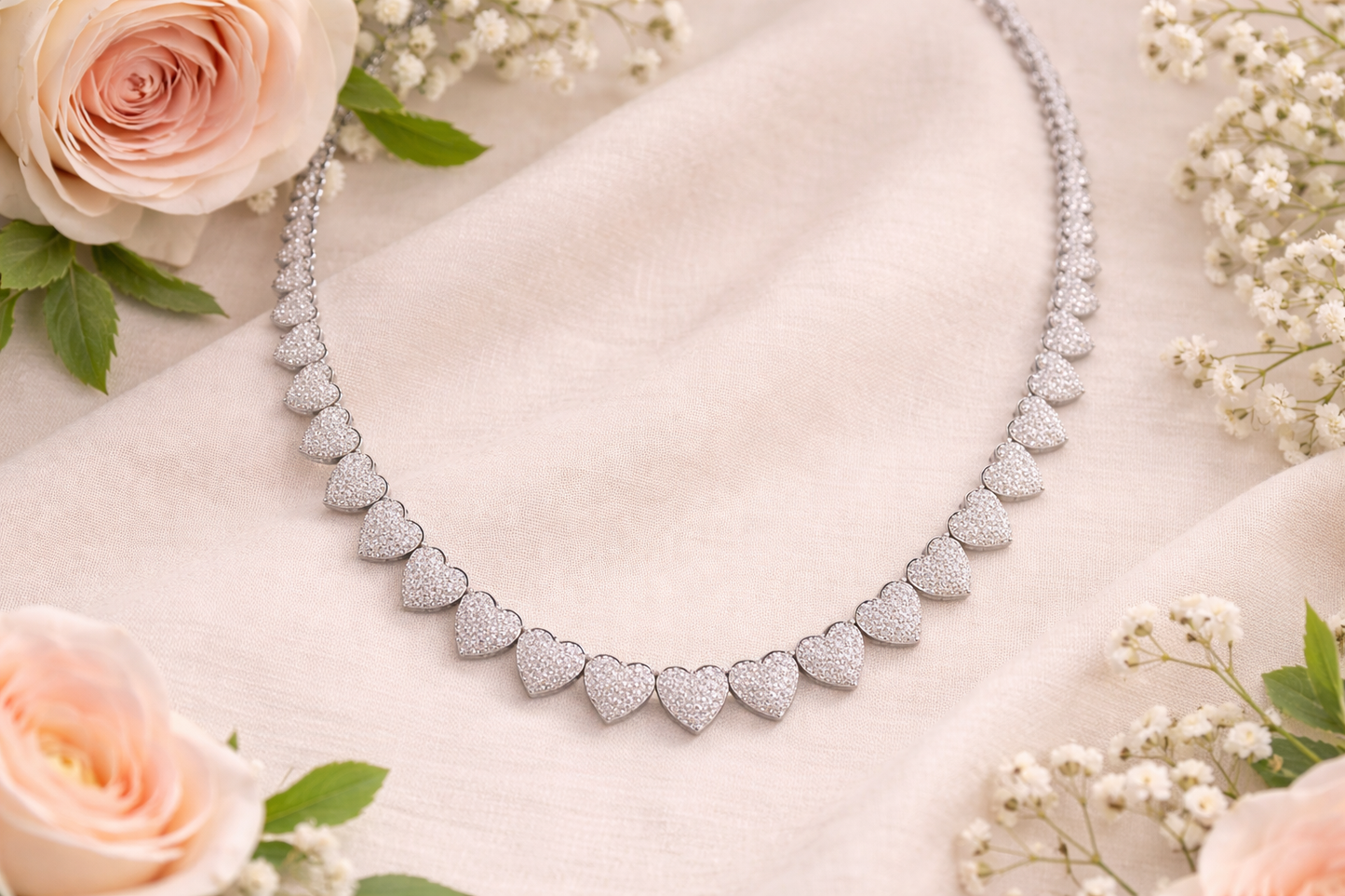 925 Sterling Silver CZ Heart Necklace, Rhodium Plated Studded Love Sparkling Cubic Zirconia Choker, Iced Out Silver Heart Pendant Necklace