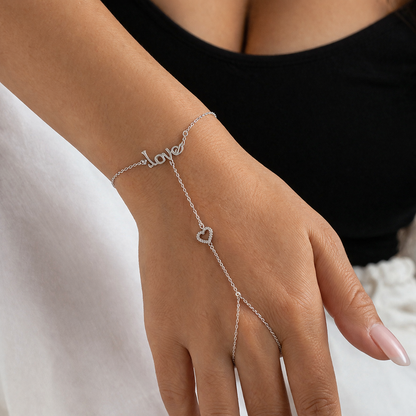 925 Sterling Silver Dainty Hand Chain, Cubic Zirconia Heart Finger Bracelet, Rhodium Plated Love Bracelet, Elegant Gift for Her