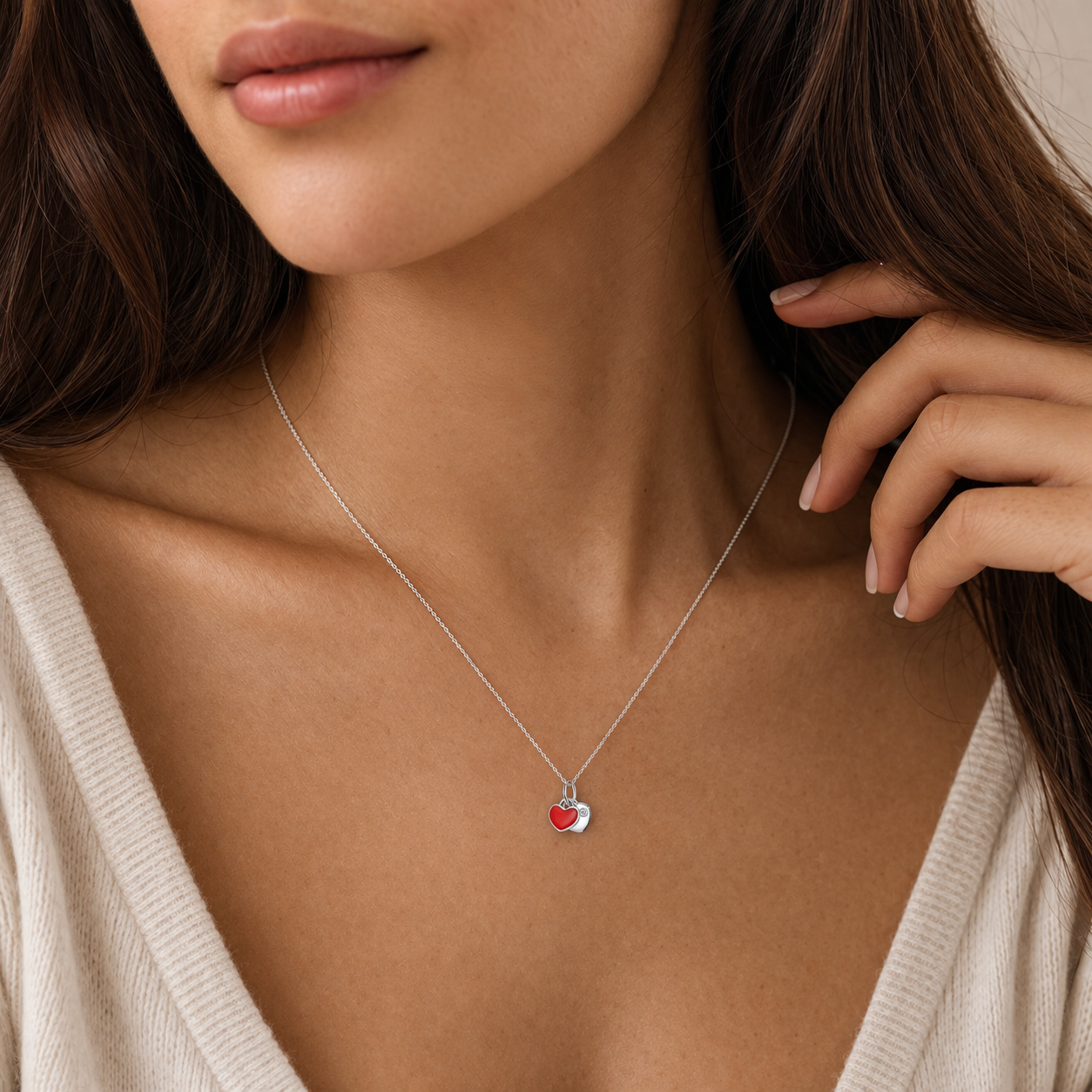 Solid 925 Sterling Silver Custom Engraved Red Enamel Double Heart Necklace, Iced CZ Love Pendant, Personalized Silver Red Heart Necklace