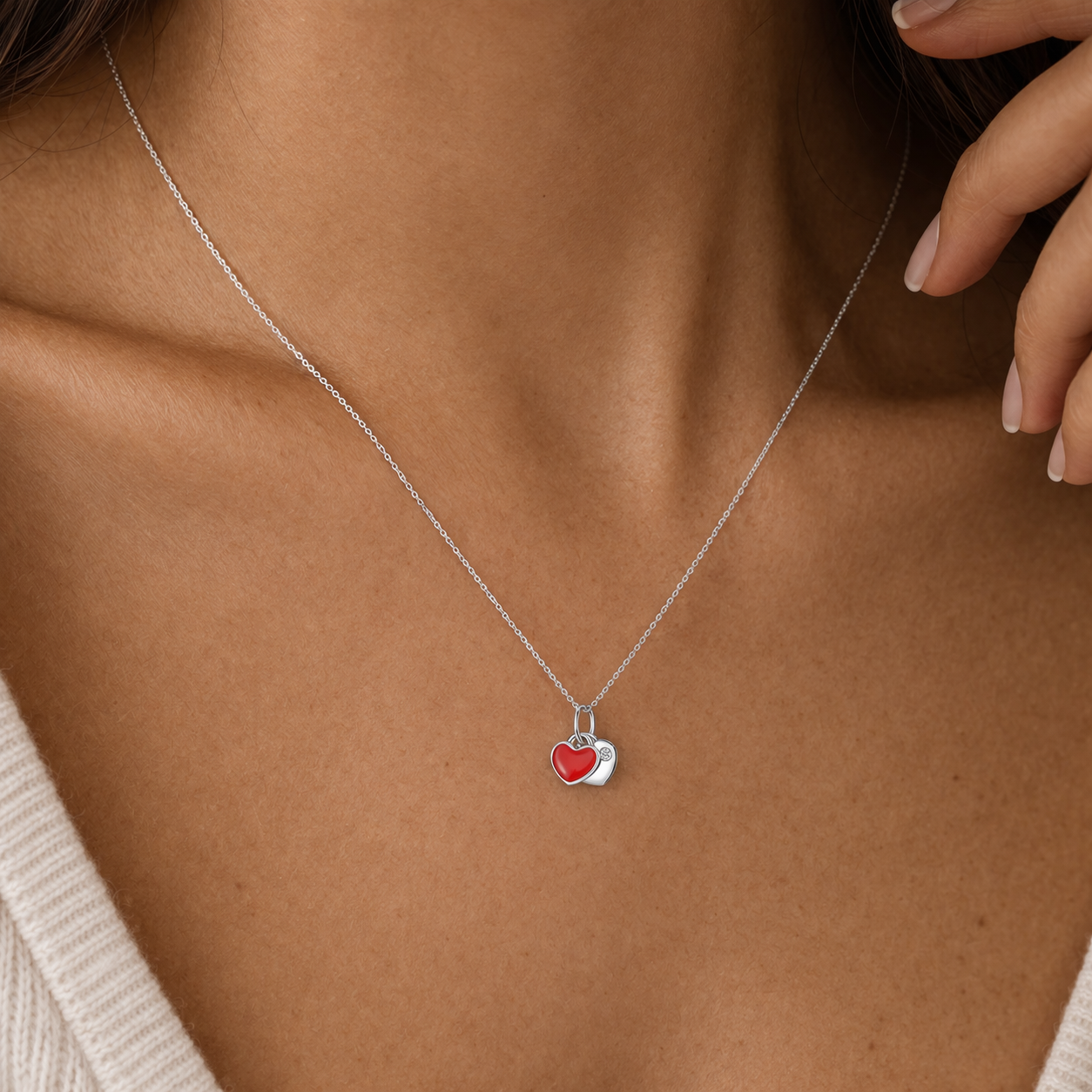 Solid 925 Sterling Silver Custom Engraved Red Enamel Double Heart Necklace, Iced CZ Love Pendant, Personalized Silver Red Heart Necklace