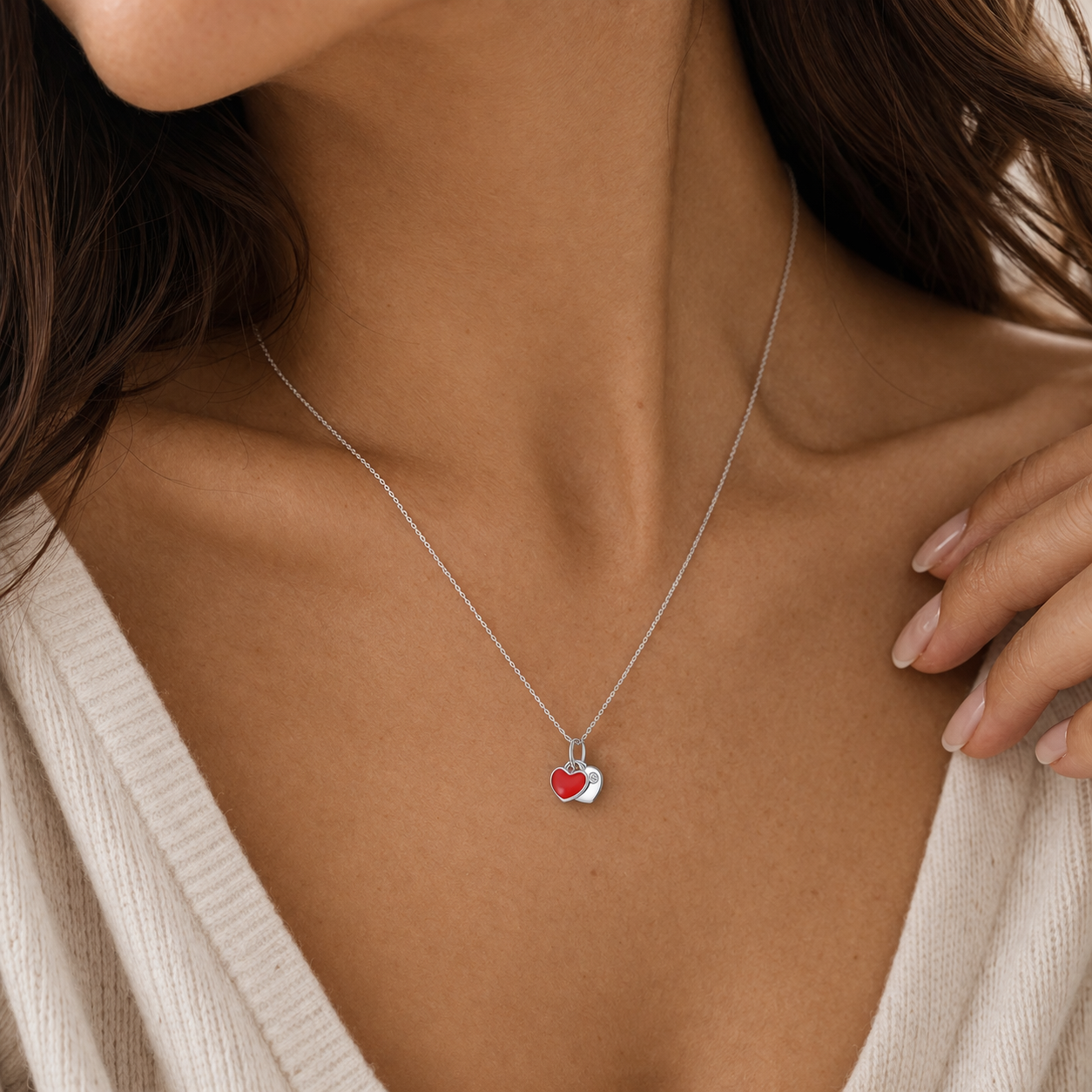 Solid 925 Sterling Silver Custom Engraved Red Enamel Double Heart Necklace, Iced CZ Love Pendant, Personalized Silver Red Heart Necklace