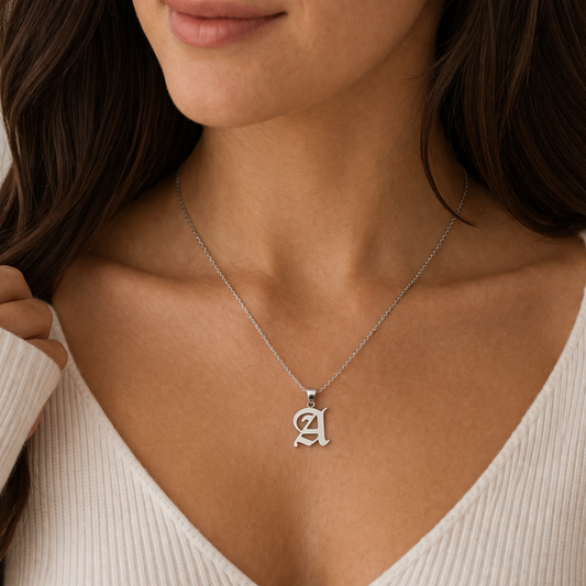 Gothic Old English Initial Necklace 925 Sterling Silver, Sand-Blasted Textured Custom Letter Pendant, Edgy Monogram Gift