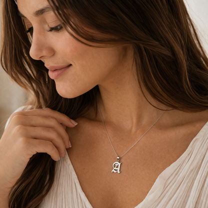 Gothic Old English Initial Necklace 925 Sterling Silver, Sand-Blasted Textured Custom Letter Pendant, Edgy Monogram Gift