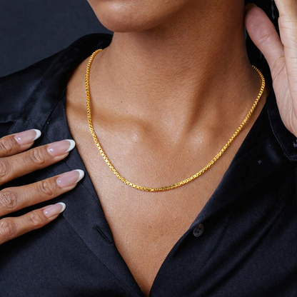 Thin Gold Plated Square Box Necklace, Solid Sterling Silver Premium Venetian Chain for Initials, Custom Length Minimalist Fine Jewelry