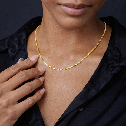 Thin Gold Plated Square Box Necklace, Solid Sterling Silver Premium Venetian Chain for Initials, Custom Length Minimalist Fine Jewelry