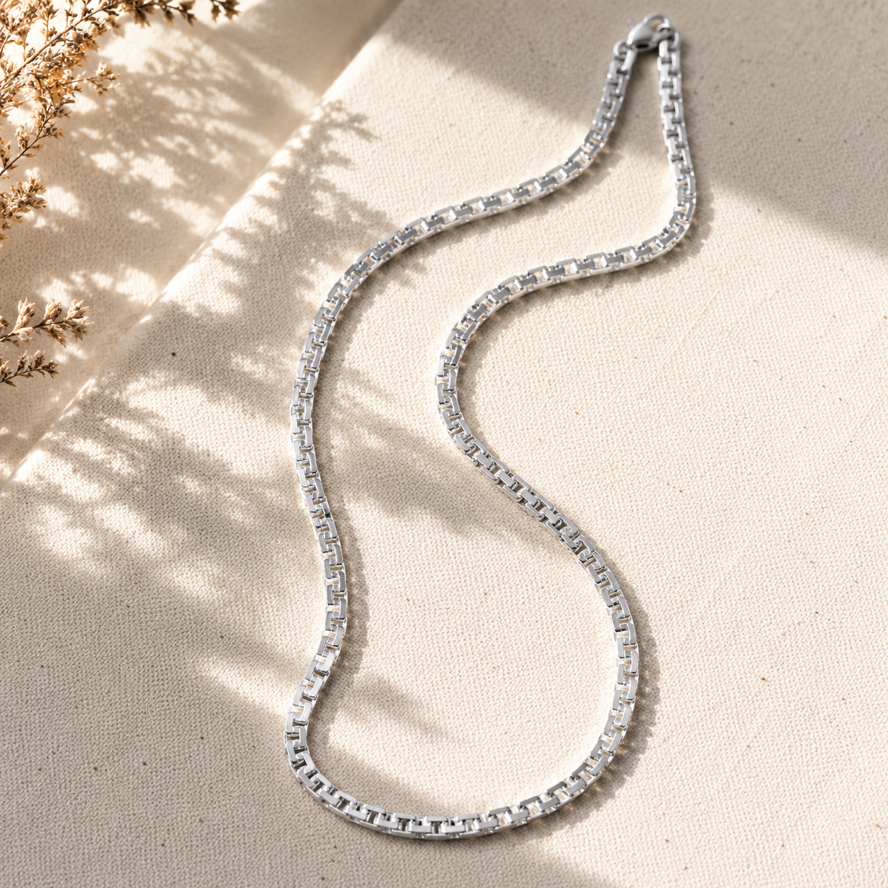 Solid 925 Sterling Silver Greek Box Chain, Greca Geometric Flat Link Necklace for Men & Women, High Polish Italian Square Key Chain
