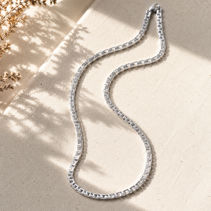 Solid 925 Sterling Silver Greek Box Chain, Greca Geometric Flat Link Necklace for Men & Women, High Polish Italian Square Key Chain