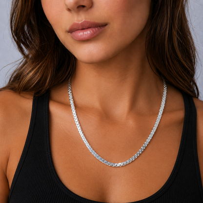 Solid 925 Sterling Silver Greek Box Chain, Greca Geometric Flat Link Necklace for Men & Women, High Polish Italian Square Key Chain