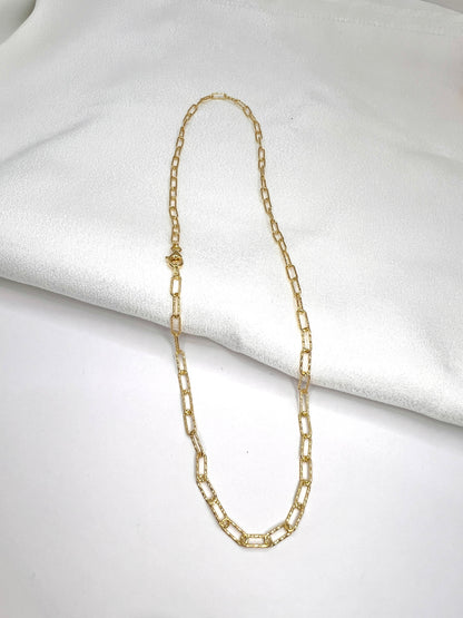 Textured Mesh Paperclip Chain 925 Sterling Silver, Diamond Cut Elongated Link Necklace, 14K Gold Plated or Rhodium Plated Streetwear
