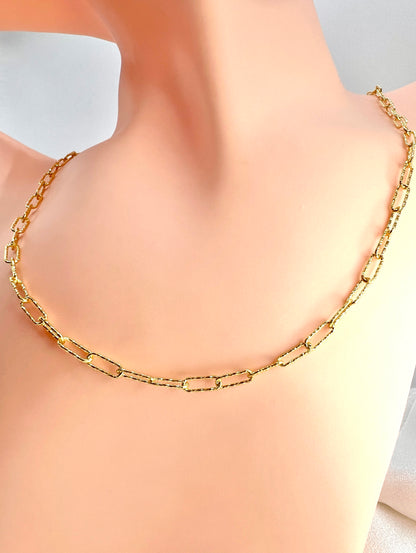 Textured Mesh Paperclip Chain 925 Sterling Silver, Diamond Cut Elongated Link Necklace, 14K Gold Plated or Rhodium Plated Streetwear