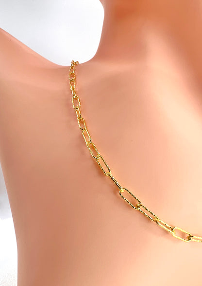 Textured Mesh Paperclip Chain 925 Sterling Silver, Diamond Cut Elongated Link Necklace, 14K Gold Plated or Rhodium Plated Streetwear