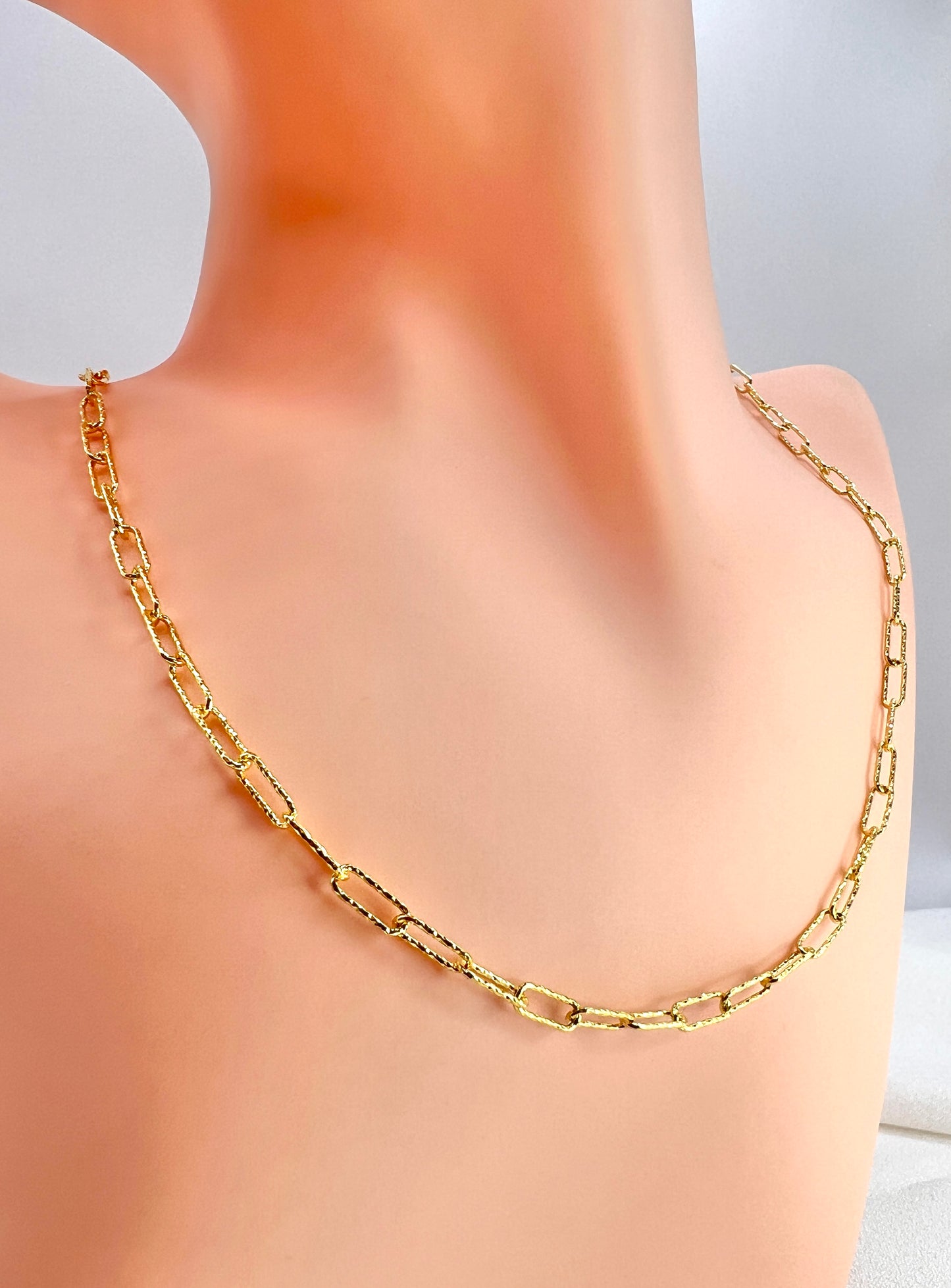 Textured Mesh Paperclip Chain 925 Sterling Silver, Diamond Cut Elongated Link Necklace, 14K Gold Plated or Rhodium Plated Streetwear