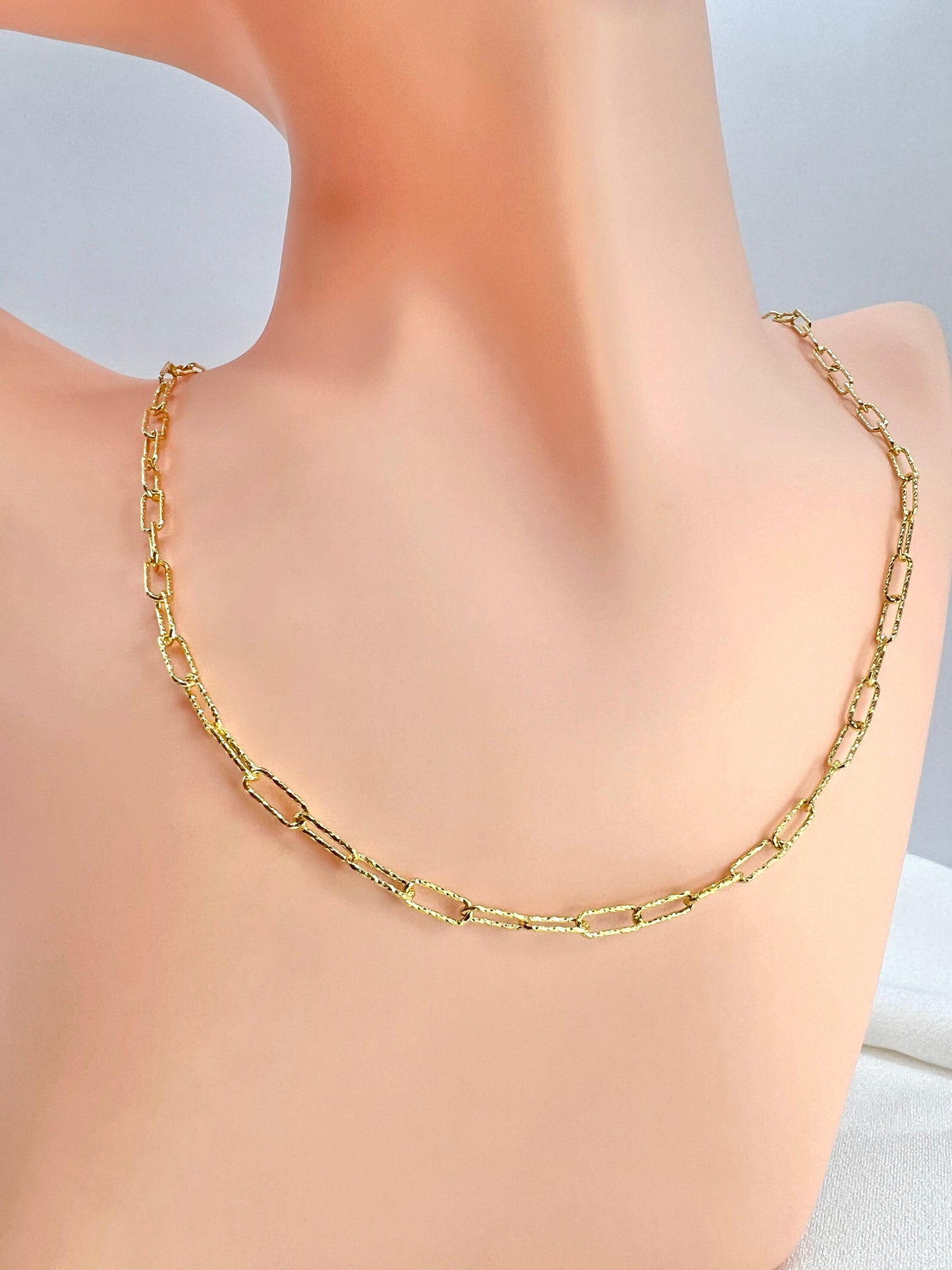 Textured Mesh Paperclip Chain 925 Sterling Silver, Diamond Cut Elongated Link Necklace, 14K Gold Plated or Rhodium Plated Streetwear