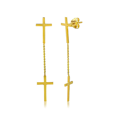14K Gold Plated Dangling Cross Earring, 925 Sterling Silver Long Drop Crucifix Stud for Men & Women, Heavy Streetwear Hanging Cross Piercing