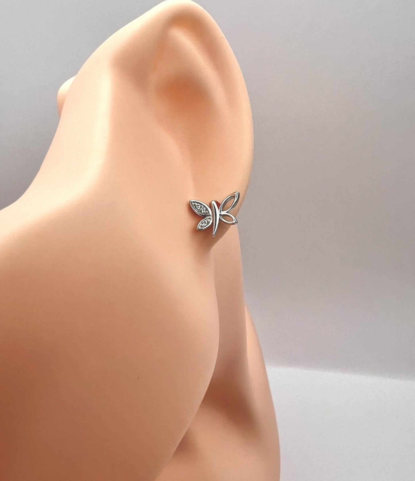Solid 925 Sterling Silver Dragonfly Butterfly Stud Earrings, Whimsical Cubic Zirconia Nature Piercing for Women, Cute Dainty Winged Studs