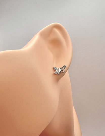 Solid 925 Sterling Silver Dragonfly Butterfly Stud Earrings, Whimsical Cubic Zirconia Nature Piercing for Women, Cute Dainty Winged Studs