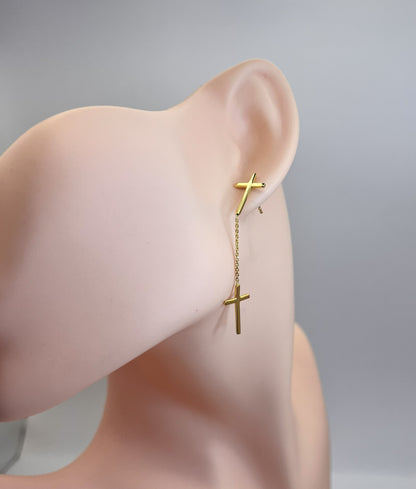 14K Gold Plated Dangling Cross Earring, 925 Sterling Silver Long Drop Crucifix Stud for Men & Women, Heavy Streetwear Hanging Cross Piercing