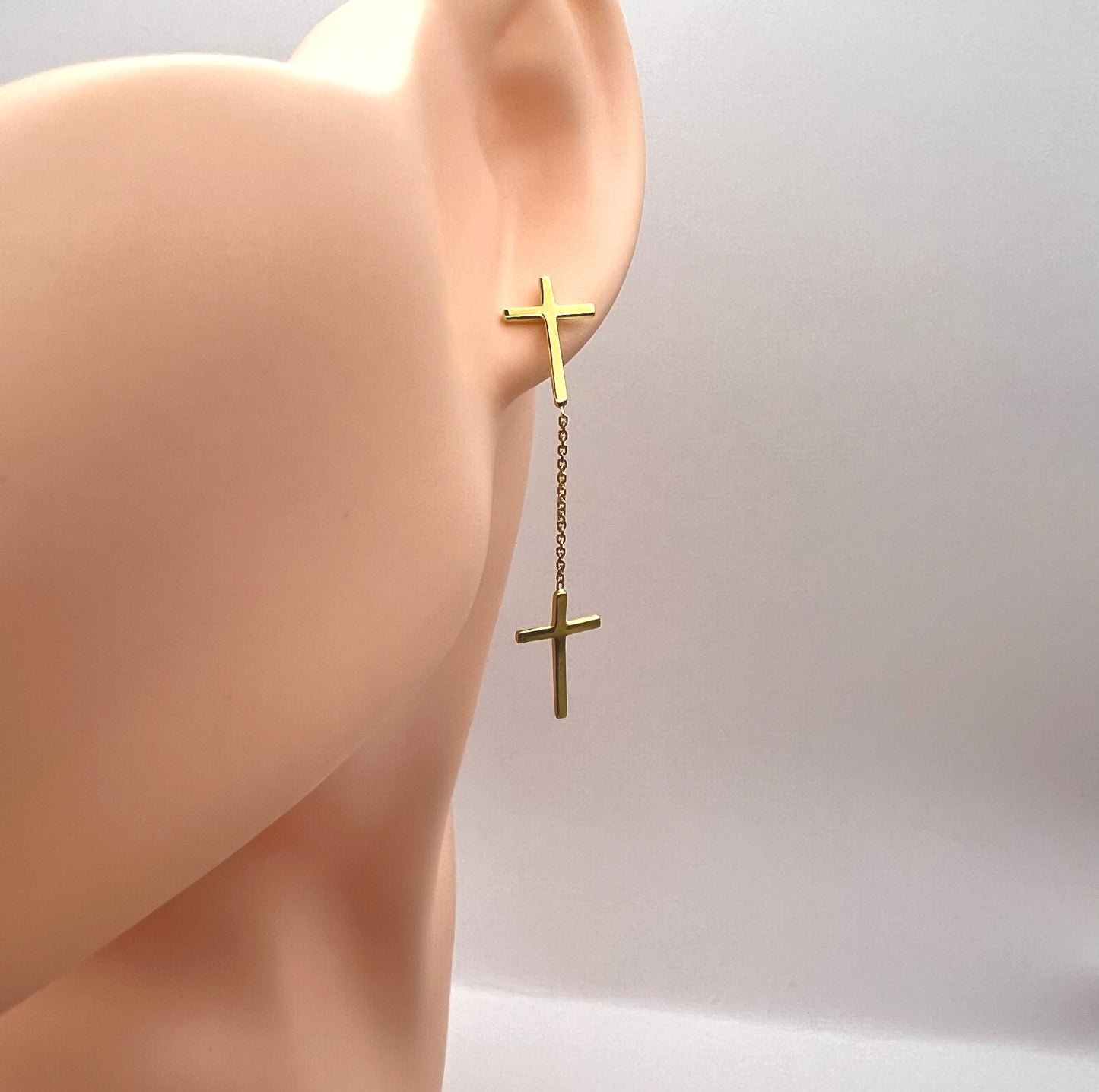 14K Gold Plated Dangling Cross Earring, 925 Sterling Silver Long Drop Crucifix Stud for Men & Women, Heavy Streetwear Hanging Cross Piercing