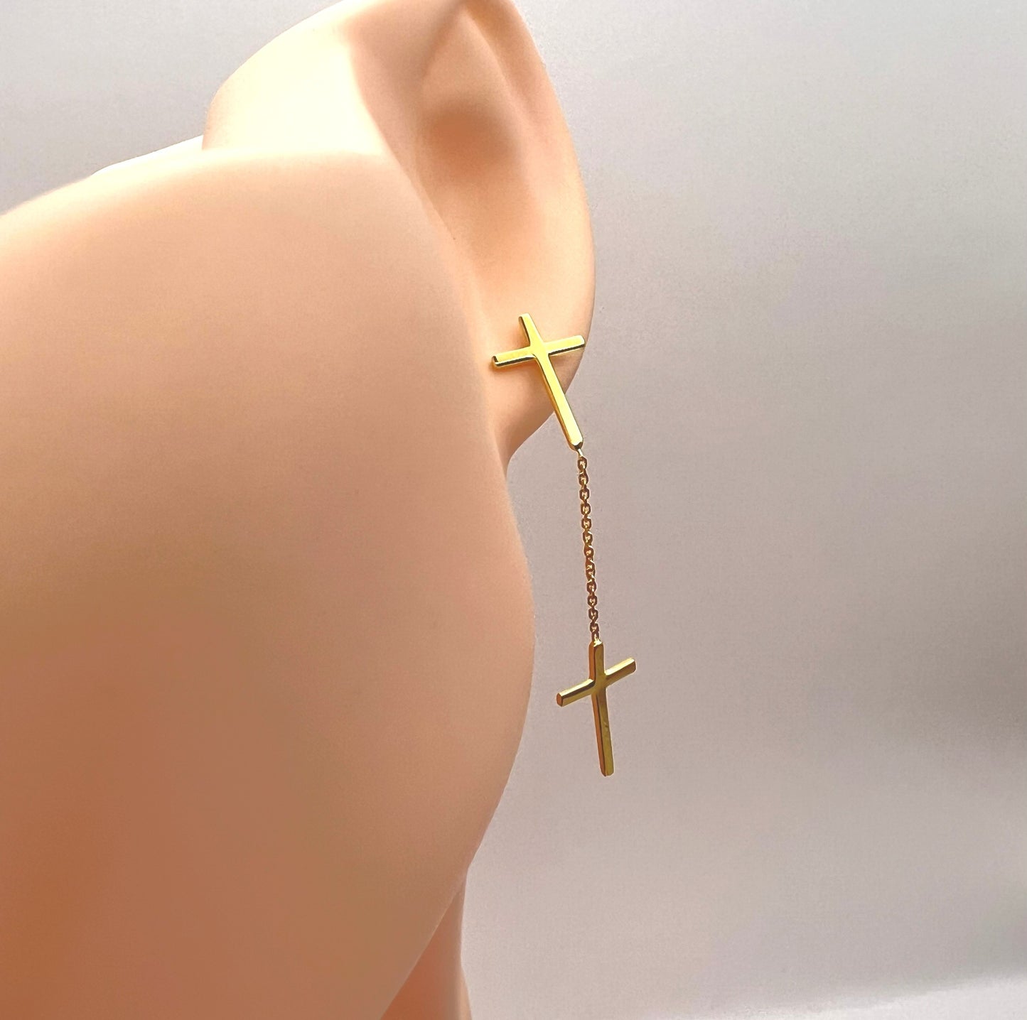 14K Gold Plated Dangling Cross Earring, 925 Sterling Silver Long Drop Crucifix Stud for Men & Women, Heavy Streetwear Hanging Cross Piercing