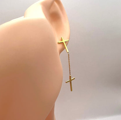 14K Gold Plated Dangling Cross Earring, 925 Sterling Silver Long Drop Crucifix Stud for Men & Women, Heavy Streetwear Hanging Cross Piercing