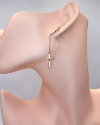 14K Gold Plated Dangling Cross Earring, 925 Sterling Silver Long Drop Crucifix Stud for Men & Women, Heavy Streetwear Hanging Cross Piercing
