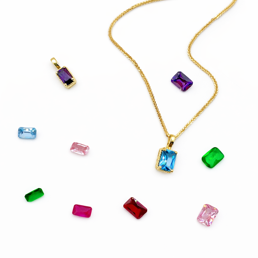 Solid 14K Gold Emerald Cut Birthstone Necklace, 925 Sterling Silver 7x5mm Dainty Rectangle Fancy Charm Pendant, Personalized Gift for Her