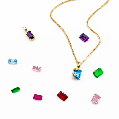 Solid 14K Gold Emerald Cut Birthstone Necklace, 925 Sterling Silver 7x5mm Dainty Rectangle Fancy Charm Pendant, Personalized Gift for Her