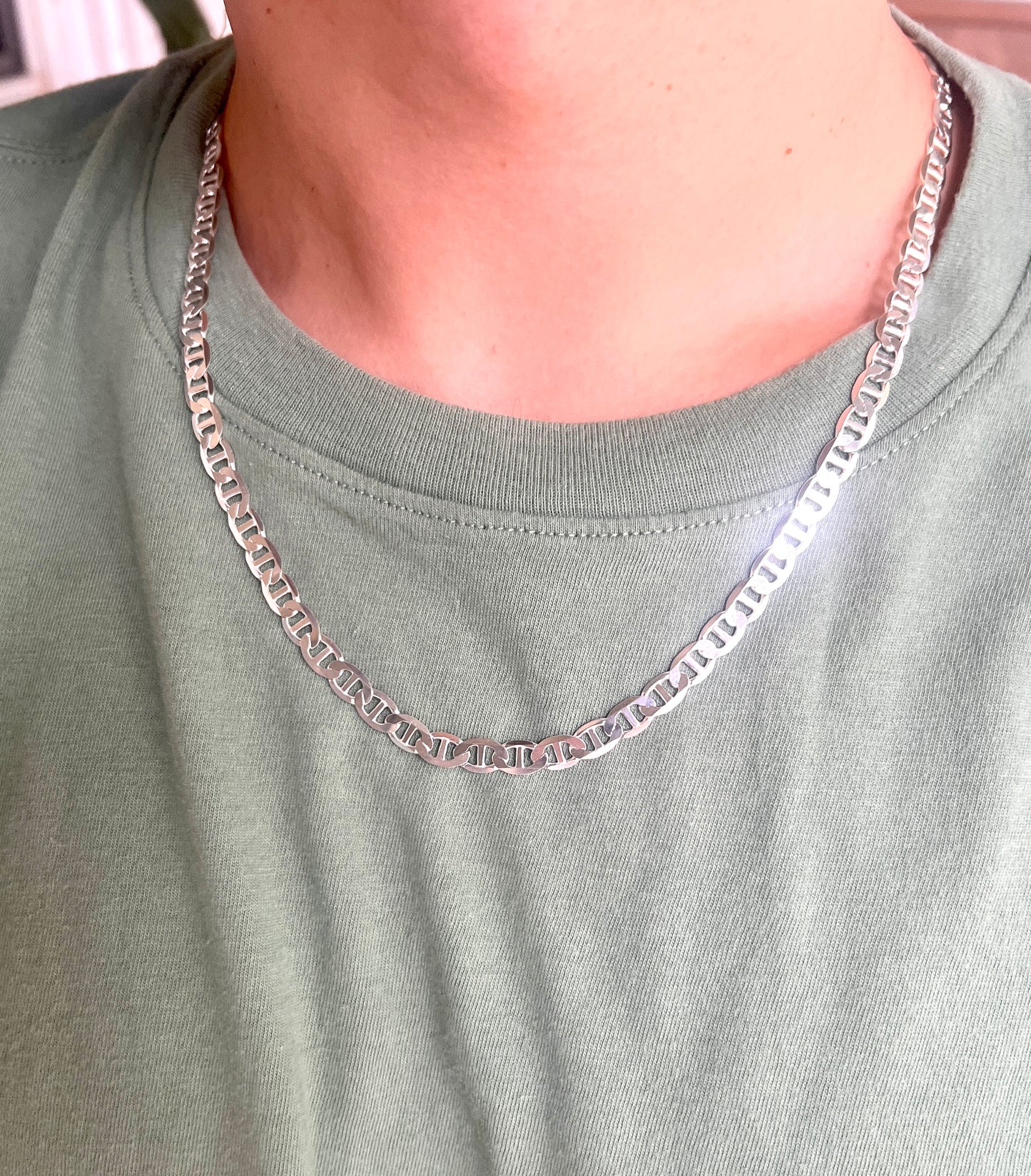Solid 925 Sterling Silver Mariner Chain Reversible Diamond Cut & High Polish Anchor Link Necklace for Men and Women, Silver Mariner Necklace