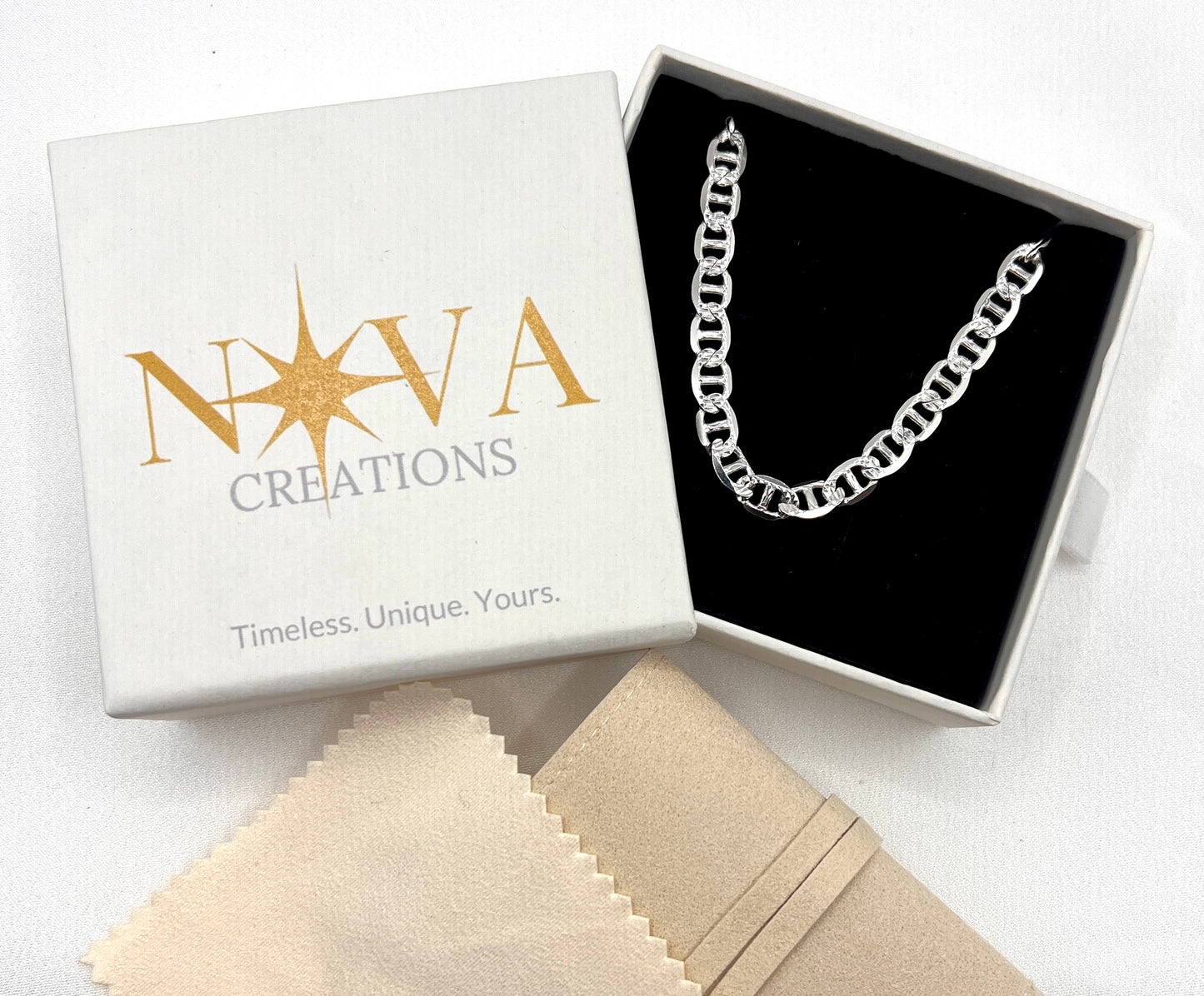 Solid 925 Sterling Silver Mariner Chain Reversible Diamond Cut & High Polish Anchor Link Necklace for Men and Women, Silver Mariner Necklace