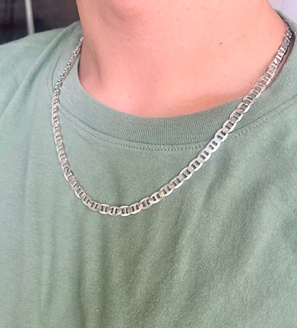 Solid 925 Sterling Silver Mariner Chain Reversible Diamond Cut & High Polish Anchor Link Necklace for Men and Women, Silver Mariner Necklace