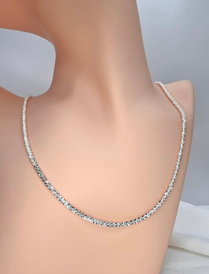 Solid 925 Sterling Silver Fluff Chain, High Polish Textured Statement Necklace for Men & Women, Dainty Puffed Link Pendant Chain