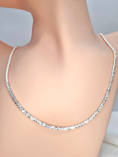 Solid 925 Sterling Silver Fluff Chain, High Polish Textured Statement Necklace for Men & Women, Dainty Puffed Link Pendant Chain