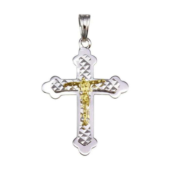 925 Sterling Silver Rhodium-plated Diamond Cut Cross Crucifix Pendant - Two Tone 14K Gold Plated Jesus