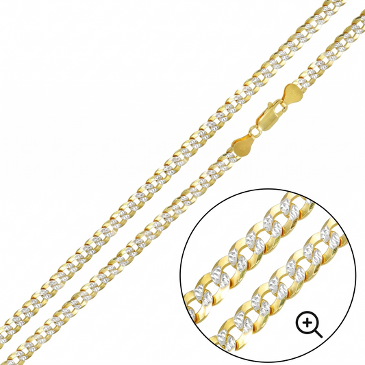 Solid 925 Sterling Silver Two Tone Curb Chain, 14K Gold & Rhodium Plated Diamond Cut Link Necklace, Mixed Metal Flat Cuban Chain 4.3mm 6.5mm