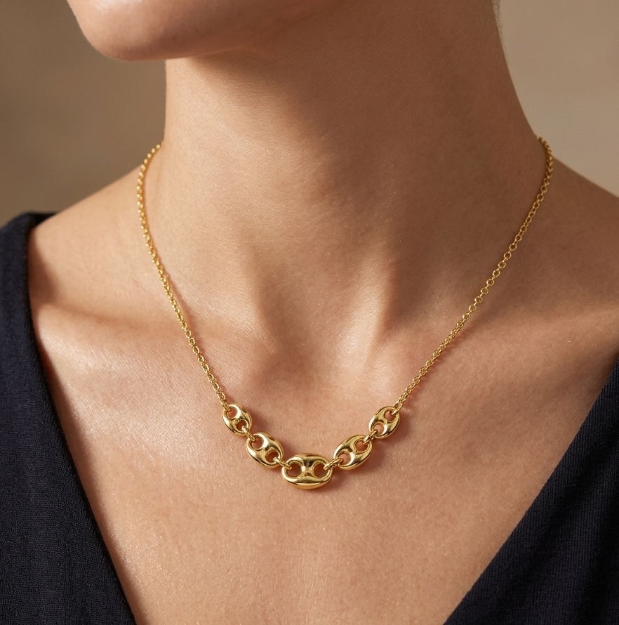 925 Sterling Silver Puffed Mariner Necklace Gold or Rhodium Plated Anchor Link Chain • Graduated Puff Link Choker Minimalist Statement Gift