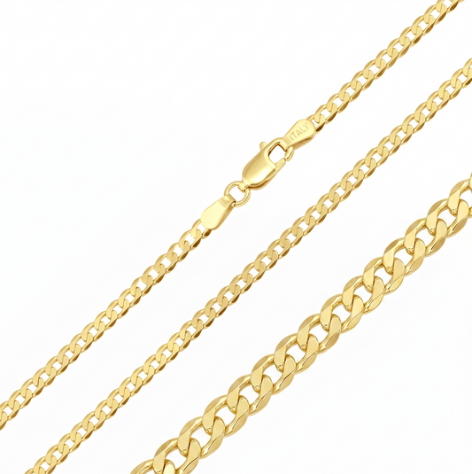 Solid 925 Sterling Silver Flat Curb Chain, 14K Gold Plated Cuban Link Necklace for Men & Women, High Polish Pendant Chain 2.1mm to 5.9mm