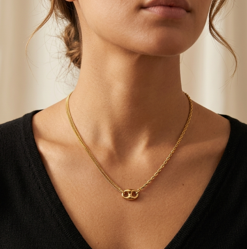 925 Sterling Silver Double Strand Necklace • Gold or Rhodium Plated Puffed Mariner Pendant Layered Rope & Curb Chain Minimalist Choker Gift